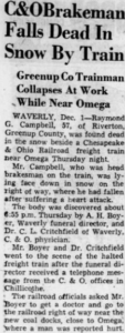 C & O Brakeman Falls Dead in Snow by Train