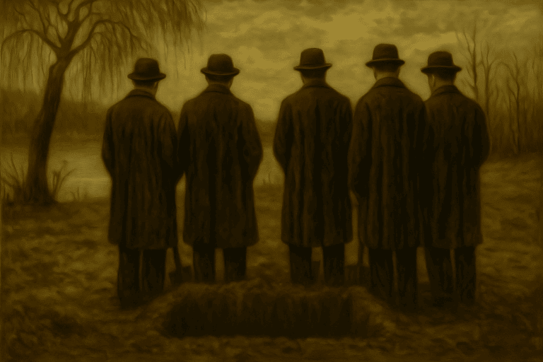 Old men standing in a wooded landscape, reflecting Appalachian history and tradition, with a nostalgic, sepia tone that evokes heritage and cultural memory.